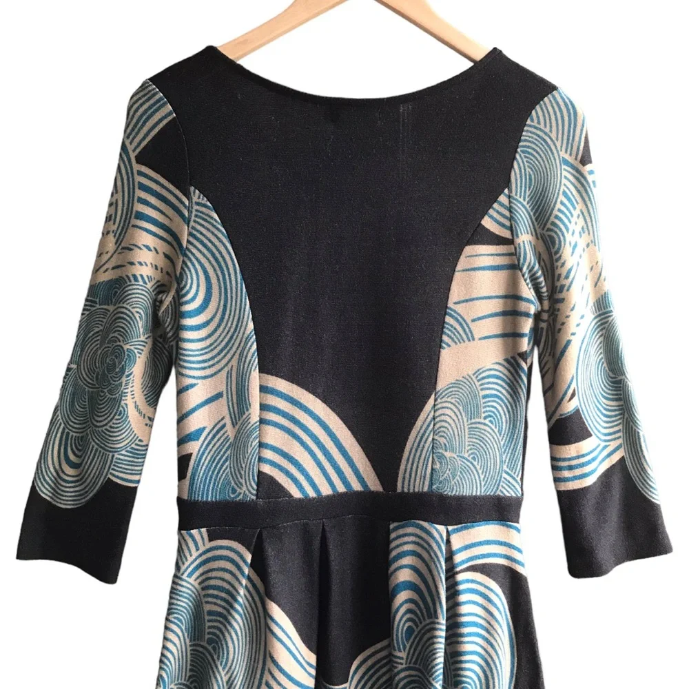 REBORN Boho Swirls Dress Pockets Size L Black Blue Art Deco 3/4 Sleeves Comfy